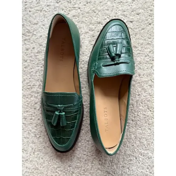 Talbots Leighton 8.5 Emerald Green Leather Tassel Loafers Classic Preppy Flats - Picture 3 of 10